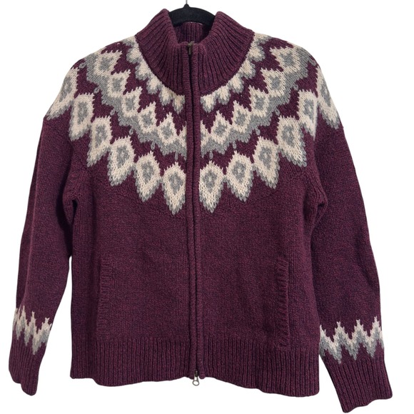 NWT LL Bean Burgundy Fair Isle Knit Lambswool Zip Up...